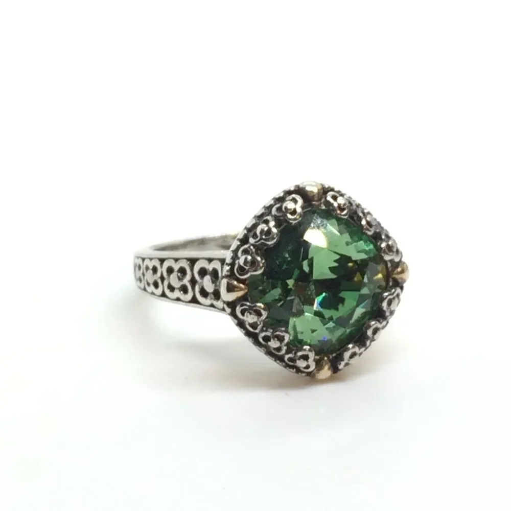 STERLING SILVER RING Green Glass Filigree Statement Ring Sz 7.25